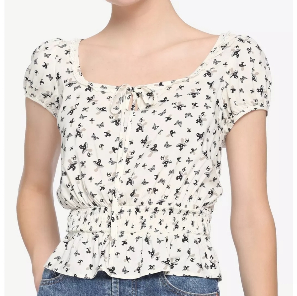 Hot Topic Tie Front Mushroom Butterfly Crop Smocked Top Junior Large